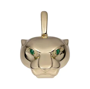 1 1/4" Panther Head with Green Eyes Pendant Solid 14K Yellow Gold