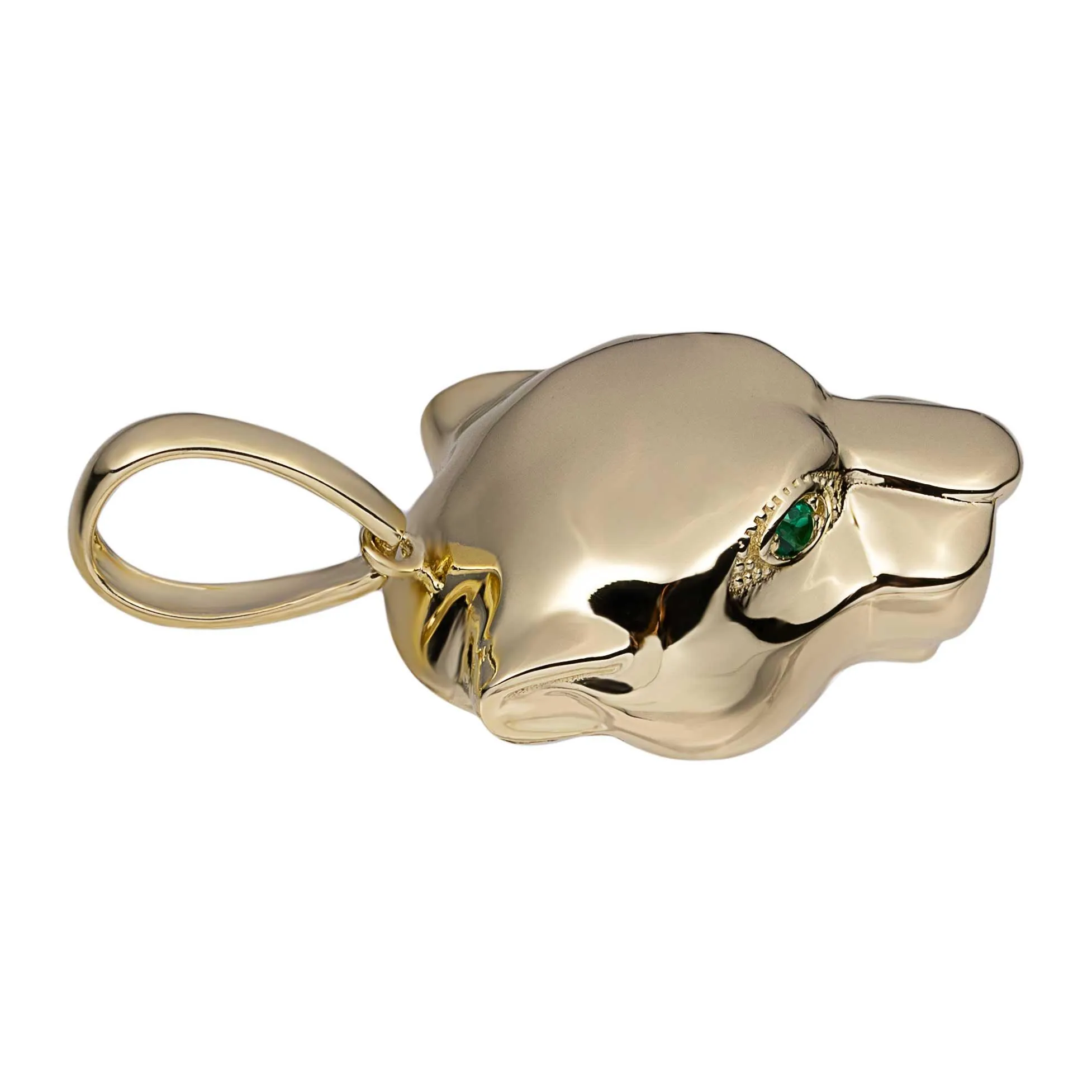 1 1/4" Panther Head with Green Eyes Pendant Solid 14K Yellow Gold