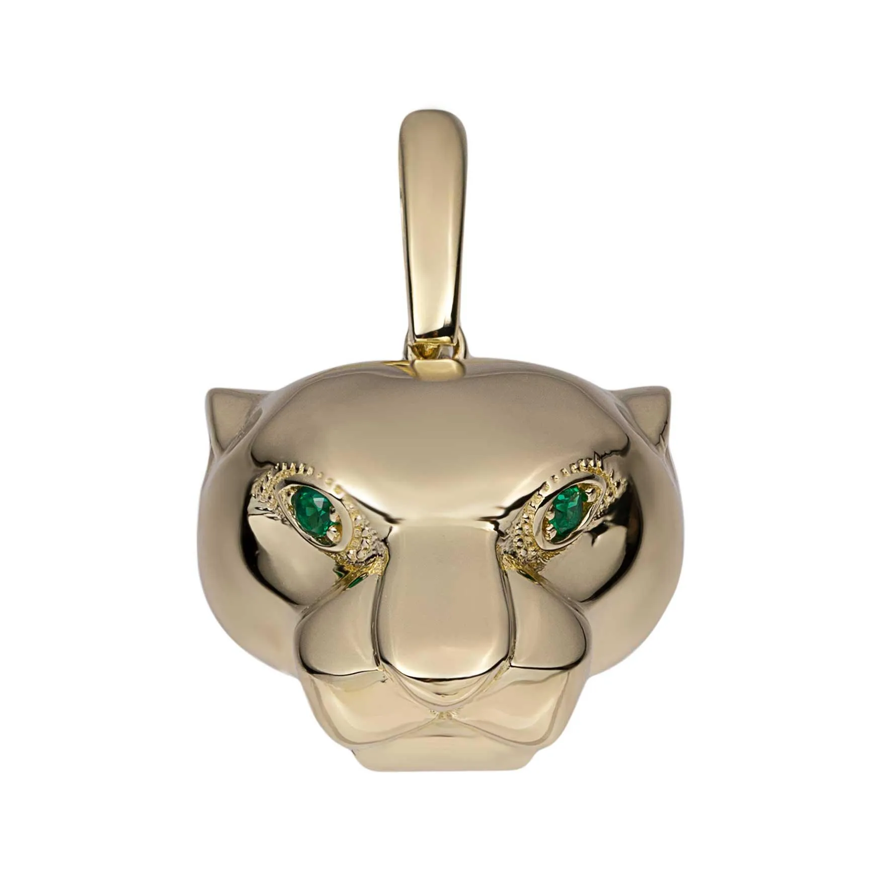 1 1/4" Panther Head with Green Eyes Pendant Solid 14K Yellow Gold