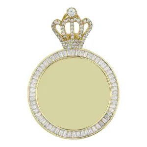 1 3/4" Crown Medallion Picture Memory Baguette CZ Pendant 10K Yellow Gold