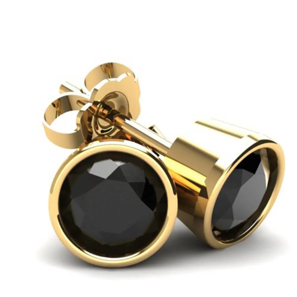 1.00Ct Round Brilliant Cut Heat Treated Black Diamond Stud Earrings in 14K Gold Round Bezel Setting