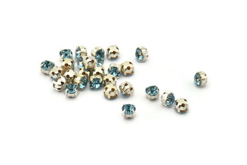 12 Aquamarine Crystal Rhinestone Beads With 4 Holes Brass Setting for SS24, Charms, Pendants, Earrings - 5.3mm SS24