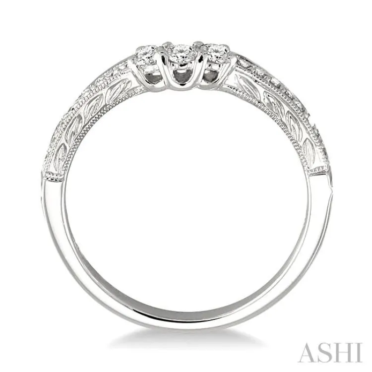 1/3 ctw Arched Center Engraved Foliage Round Cut Diamond Wedding Band in 14K White Gold