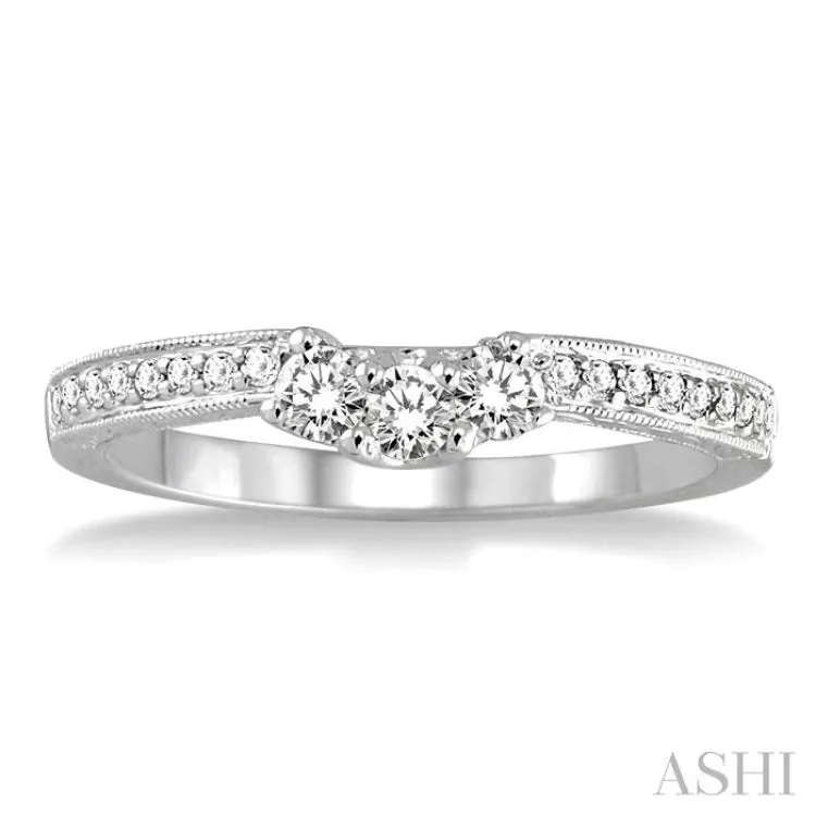 1/3 ctw Arched Center Engraved Foliage Round Cut Diamond Wedding Band in 14K White Gold