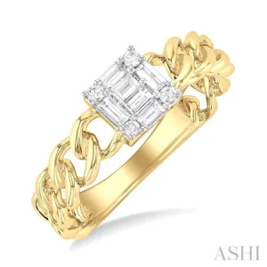 1/4 ctw Fusion Baguette and Round Cut Diamond Curb & Cuban Link Fashion Ring in 14K Yellow Gold