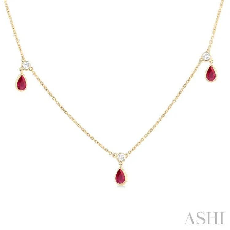 1/4 ctw Round Cut Diamonds and 5X3MM Pear Shape Ruby Precious Station Necklace in 14K Yellow Gold