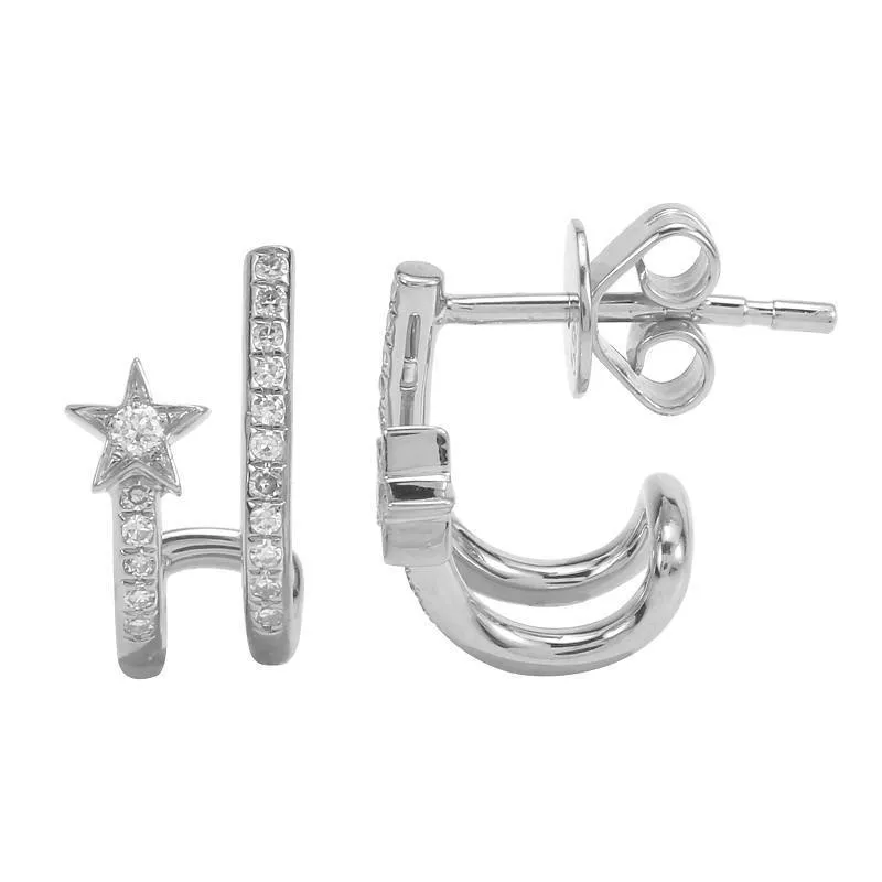 14k White Gold Diamond Star Huggy Earrings