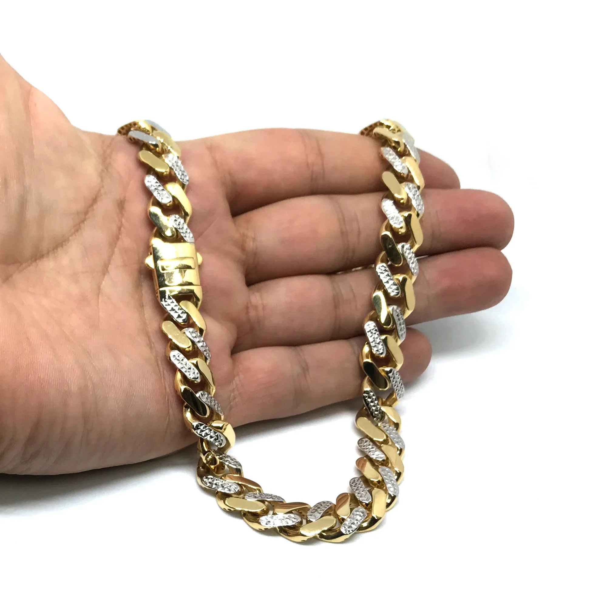 14k Yellow And White Gold Miami Cuban Pave Link Chain Necklace, Width 11.3mm, 24"