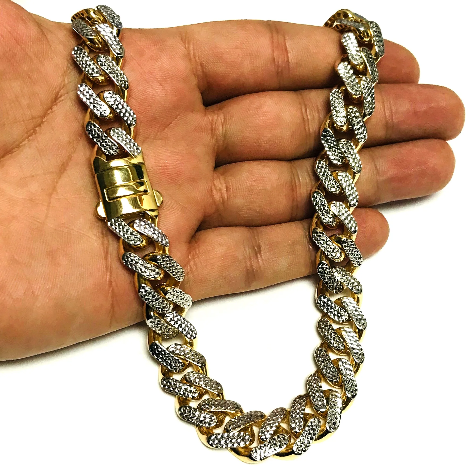 14k Yellow And White Gold Miami Cuban Pave Link Chain Necklace, Width 9.5mm, 22