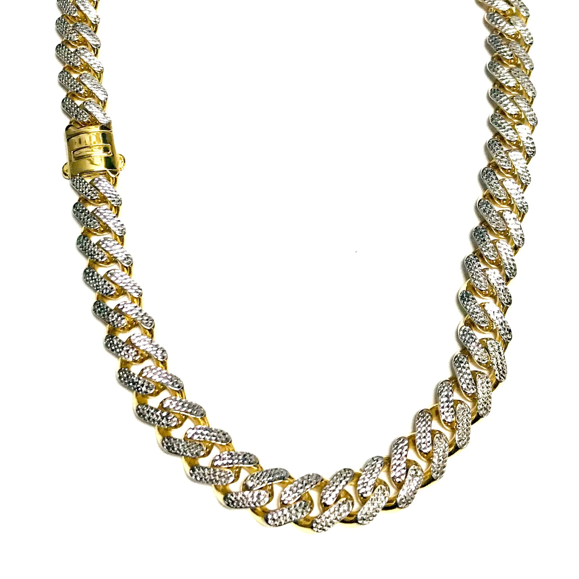 14k Yellow And White Gold Miami Cuban Pave Link Chain Necklace, Width 9.5mm, 22