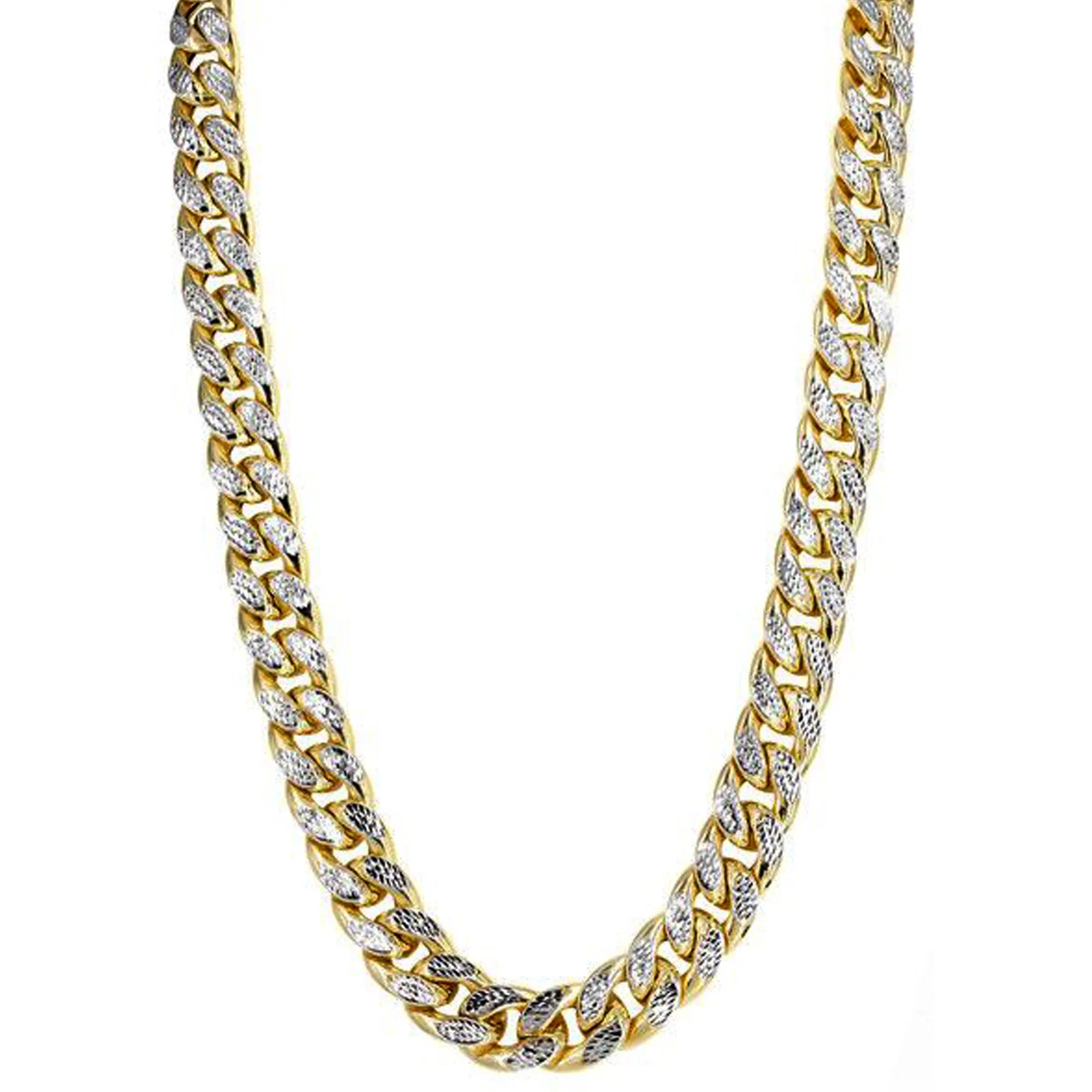 14k Yellow And White Gold Miami Cuban Pave Link Chain Necklace, Width 9.5mm, 22