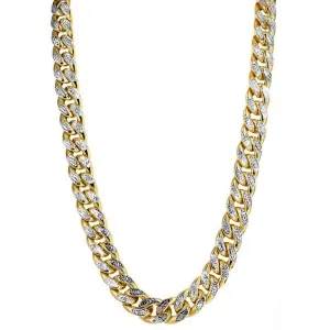 14k Yellow And White Gold Miami Cuban Pave Link Chain Necklace, Width 9.5mm, 22