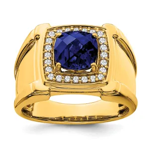 14k Yellow Gold Created Checkerboard Sapphire and Diamond Mens Ring