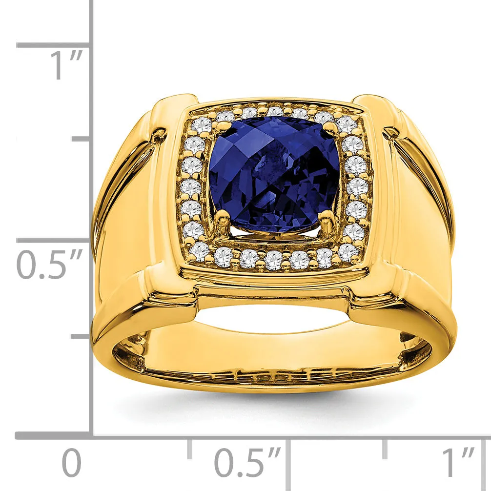 14k Yellow Gold Created Checkerboard Sapphire and Diamond Mens Ring