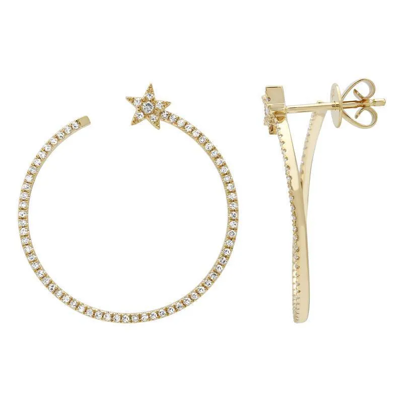 14k Yellow Gold Diamond Star Hoop Earrings