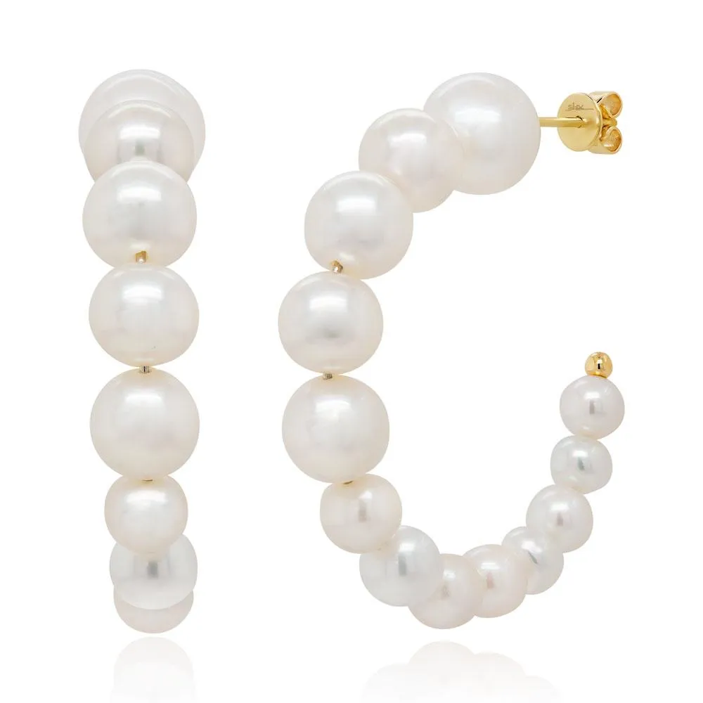 14k Yellow Gold Pearl Hoop Earrings