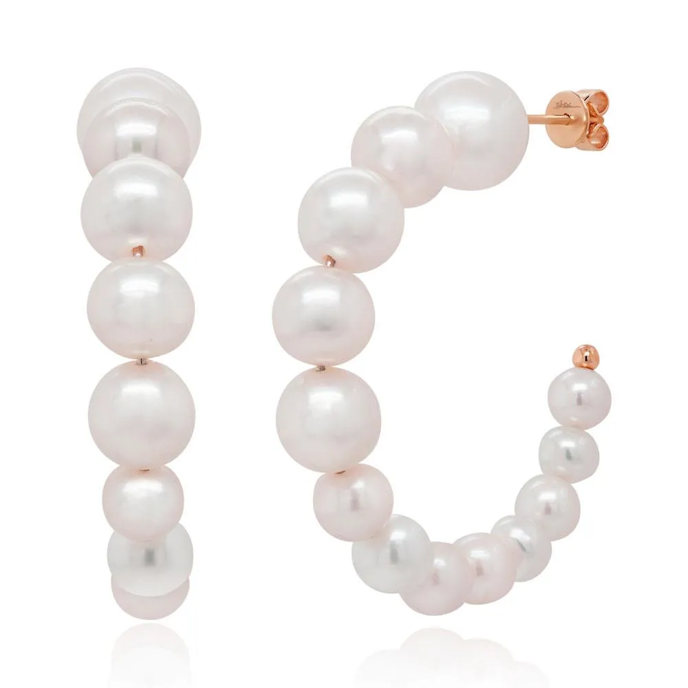 14k Yellow Gold Pearl Hoop Earrings