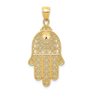 14k Yellow Gold Polished Texture D.C Finish Filigree Chamseh Pendant