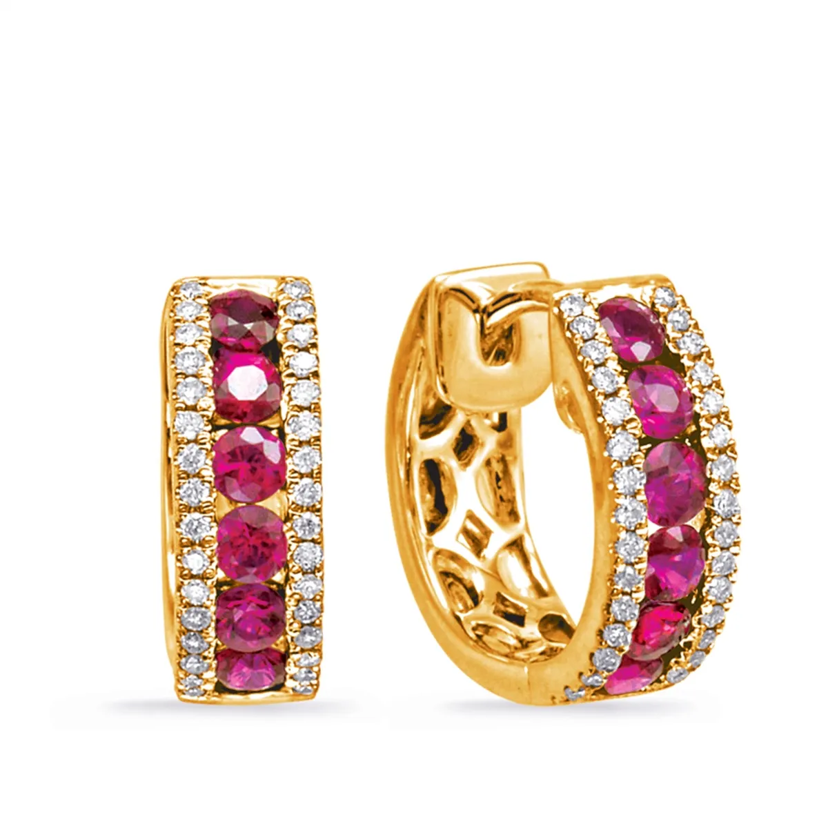 14K Yellow Gold Ruby and Diamond Hoop Earrings