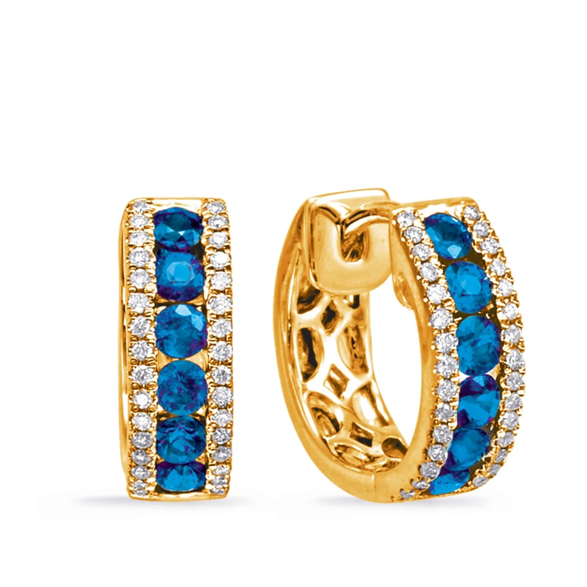 14K Yellow Gold Sapphire and Diamond Hoop Earrings