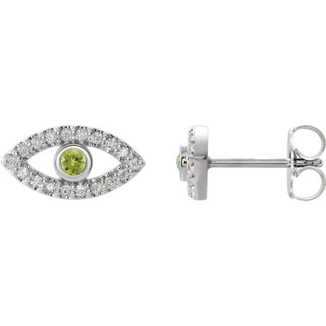 14KT GOLD .10 CTW PERIDOT & .18 CTW DIAMOND EVIL EYE EARRINGS