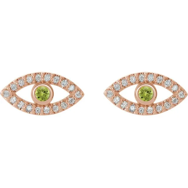 14KT GOLD .10 CTW PERIDOT & .18 CTW DIAMOND EVIL EYE EARRINGS