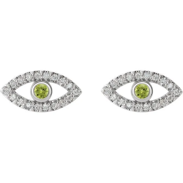 14KT GOLD .10 CTW PERIDOT & .18 CTW DIAMOND EVIL EYE EARRINGS