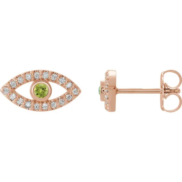 14KT GOLD .10 CTW PERIDOT & .18 CTW DIAMOND EVIL EYE EARRINGS