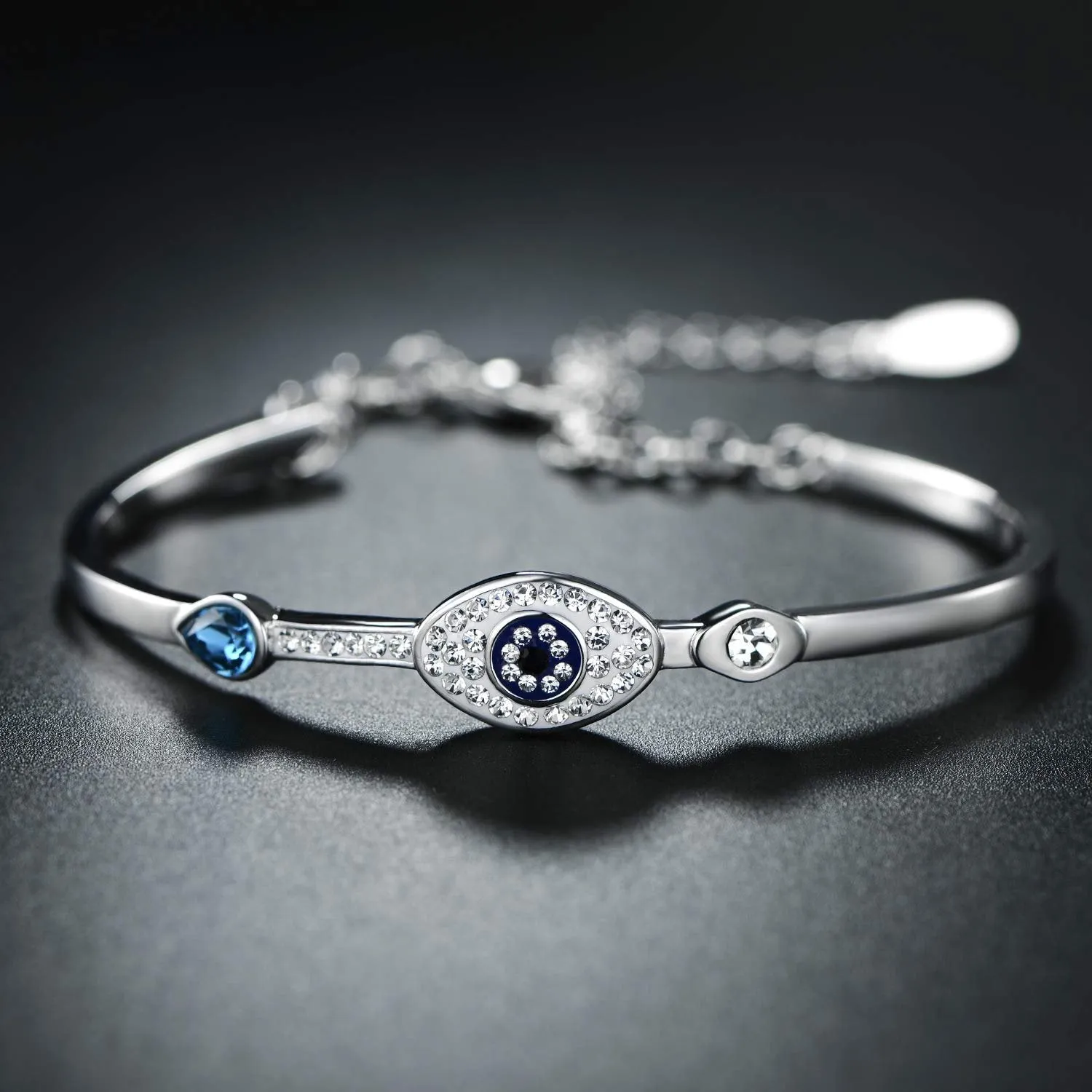 18K White Gold Plated Crystal Evil Eye Bangle