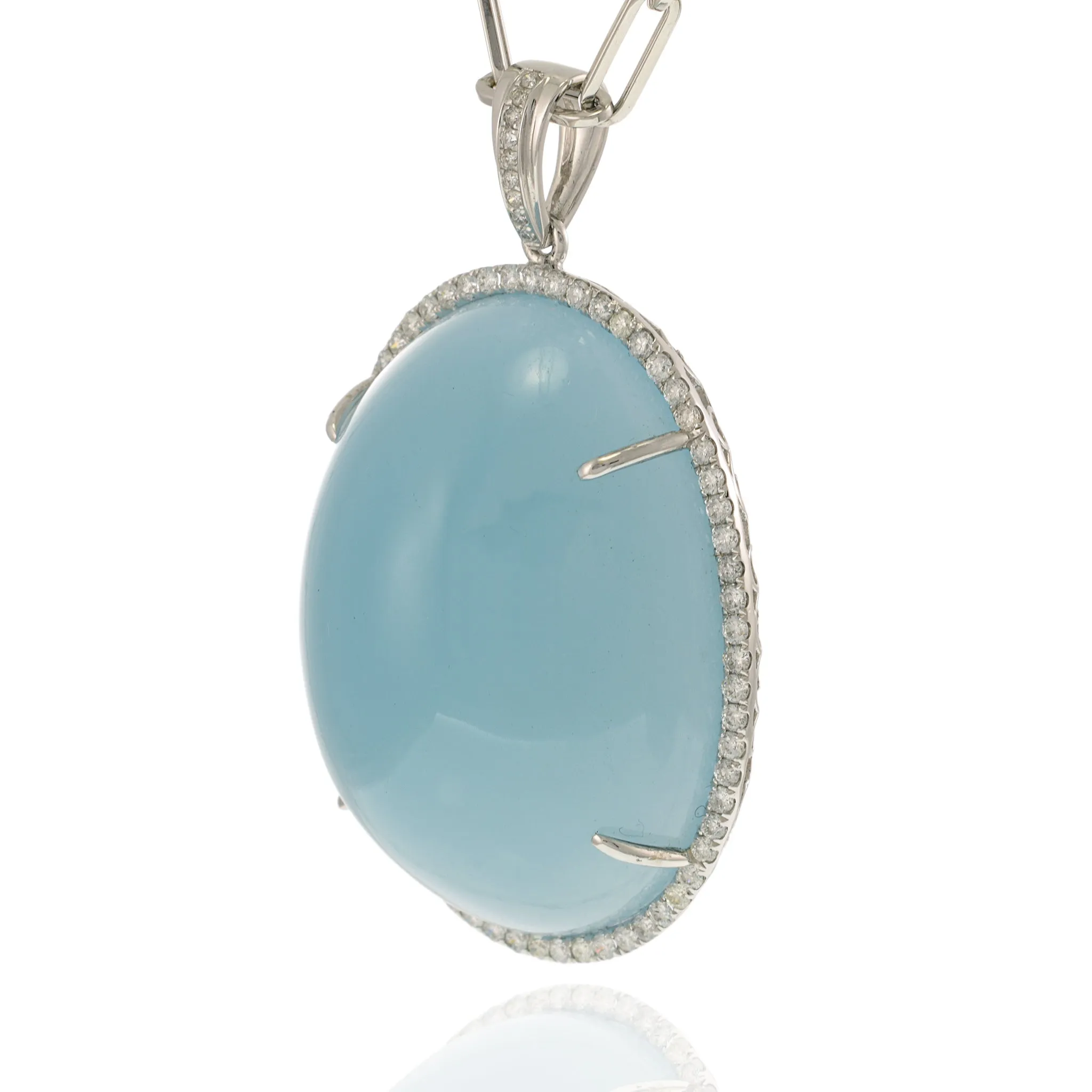 18KT White Gold Aquamarine Cabochon Halo Diamond Pendant