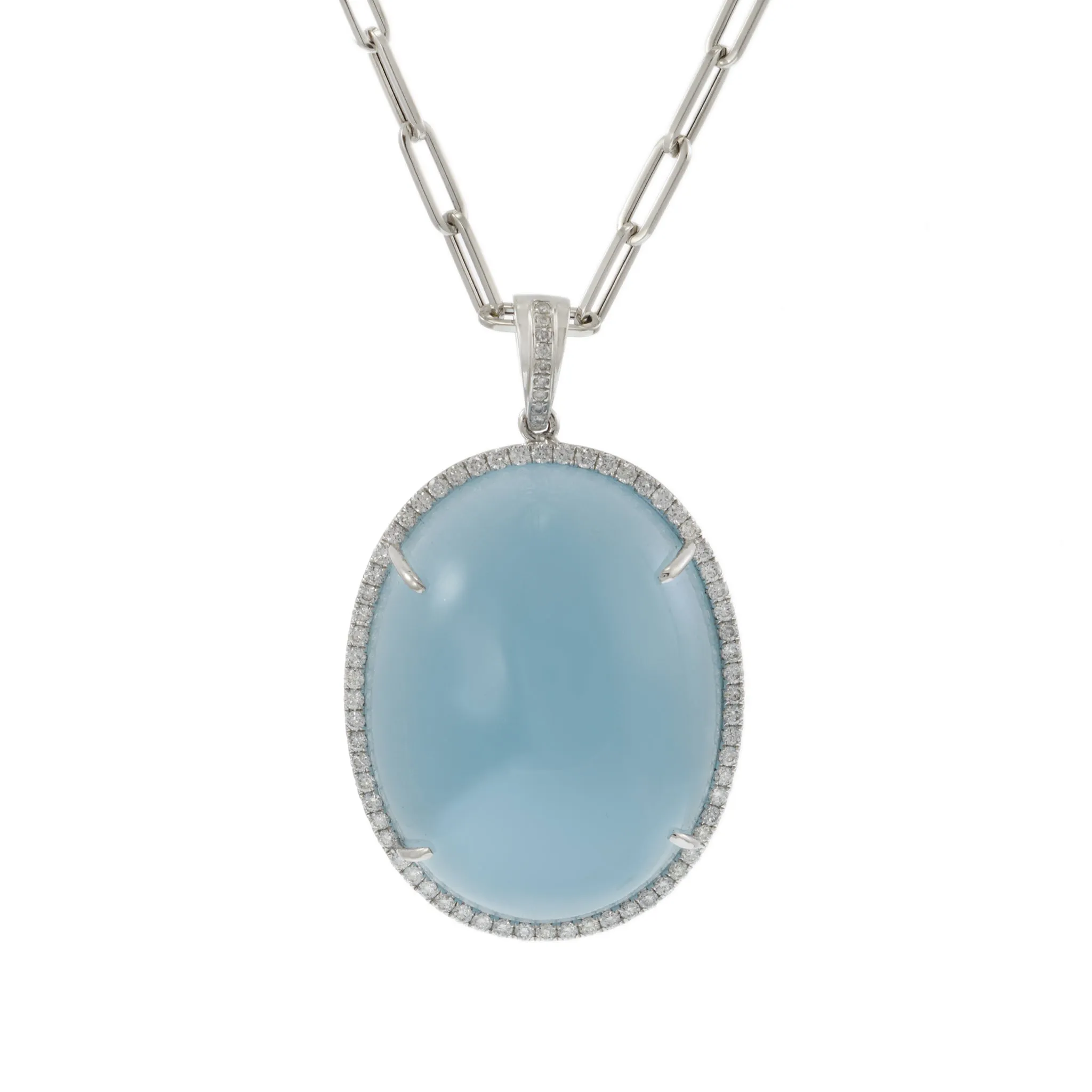 18KT White Gold Aquamarine Cabochon Halo Diamond Pendant