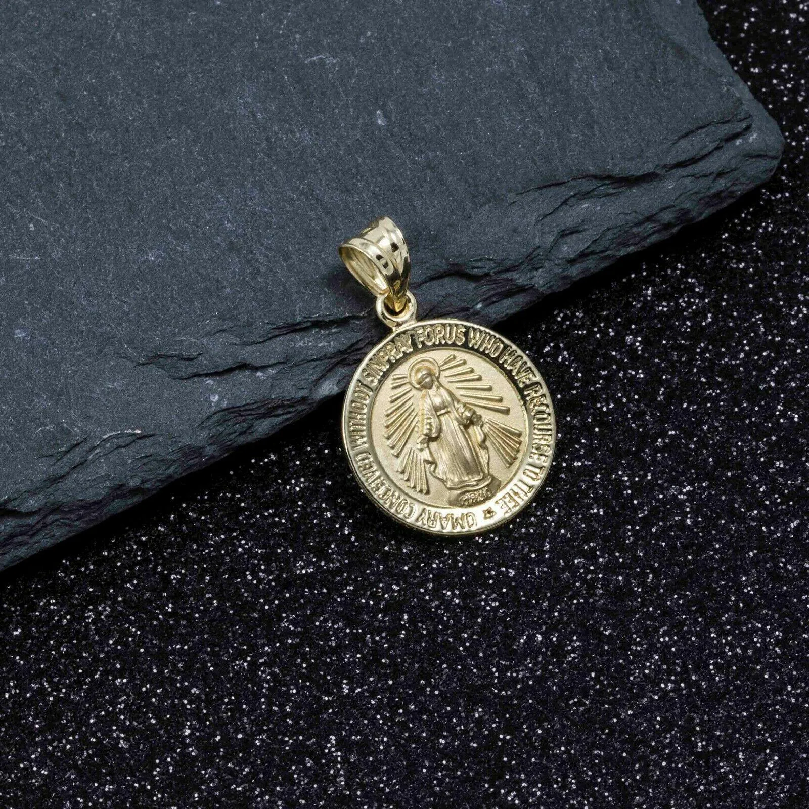 1" Round Textured Miraculous Mary Pendant 10K Yellow Gold