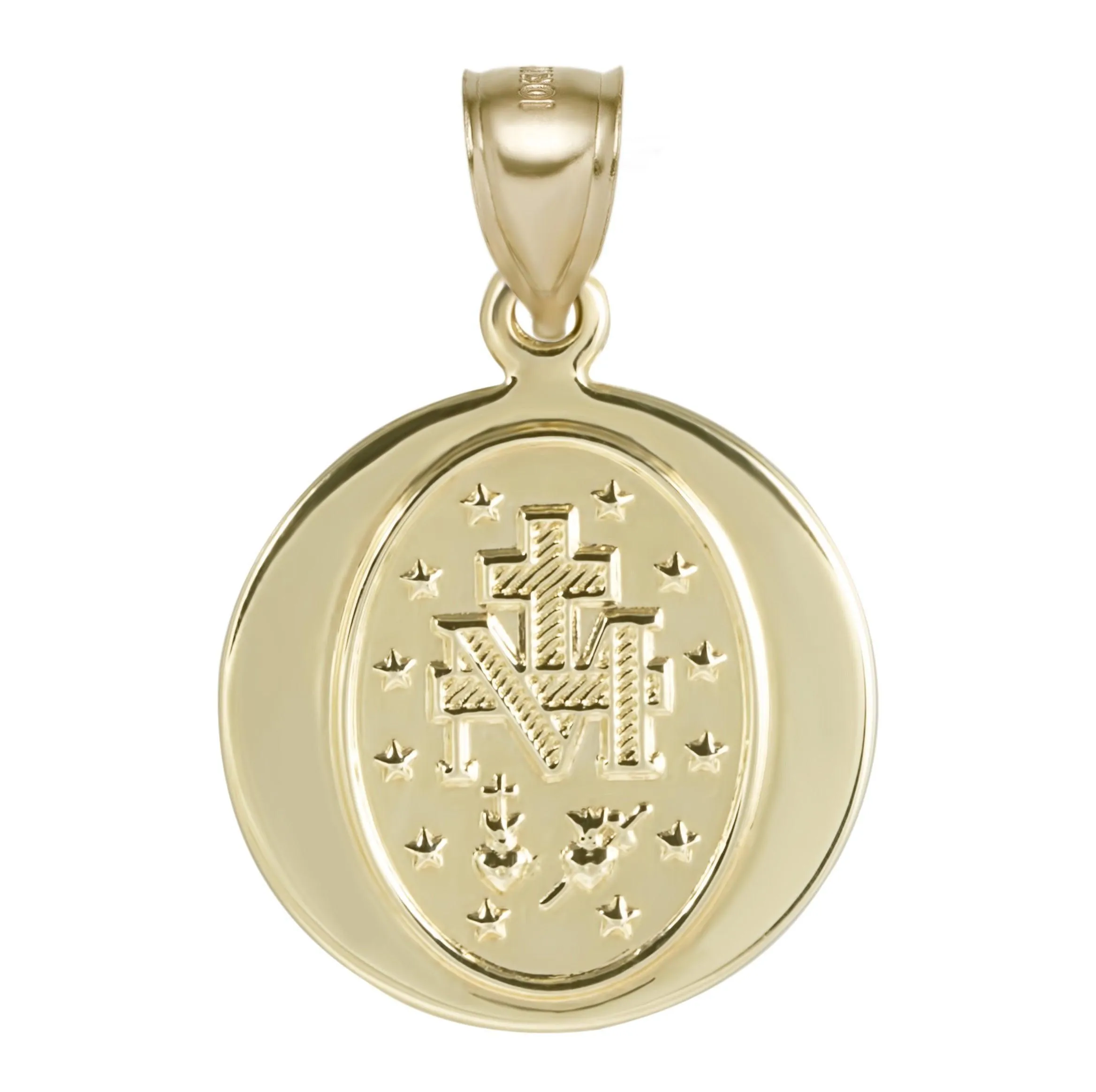 1" Round Textured Miraculous Mary Pendant 10K Yellow Gold