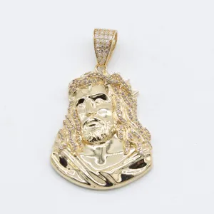 2 1/4" CZ Shiny Face Of Jesus Pendant 14K Yellow Gold