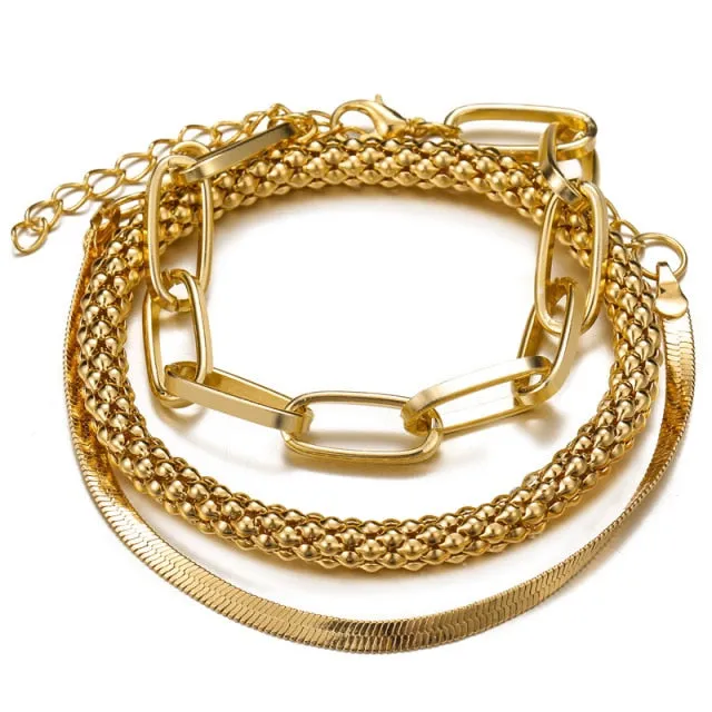 3pcs Set Fashion Thick Chain Link Bracelets Bangles For Women