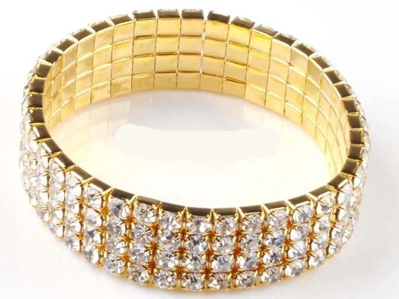 4 Rows Gold Elastic Crystal Rhinestone Bridal Wristband