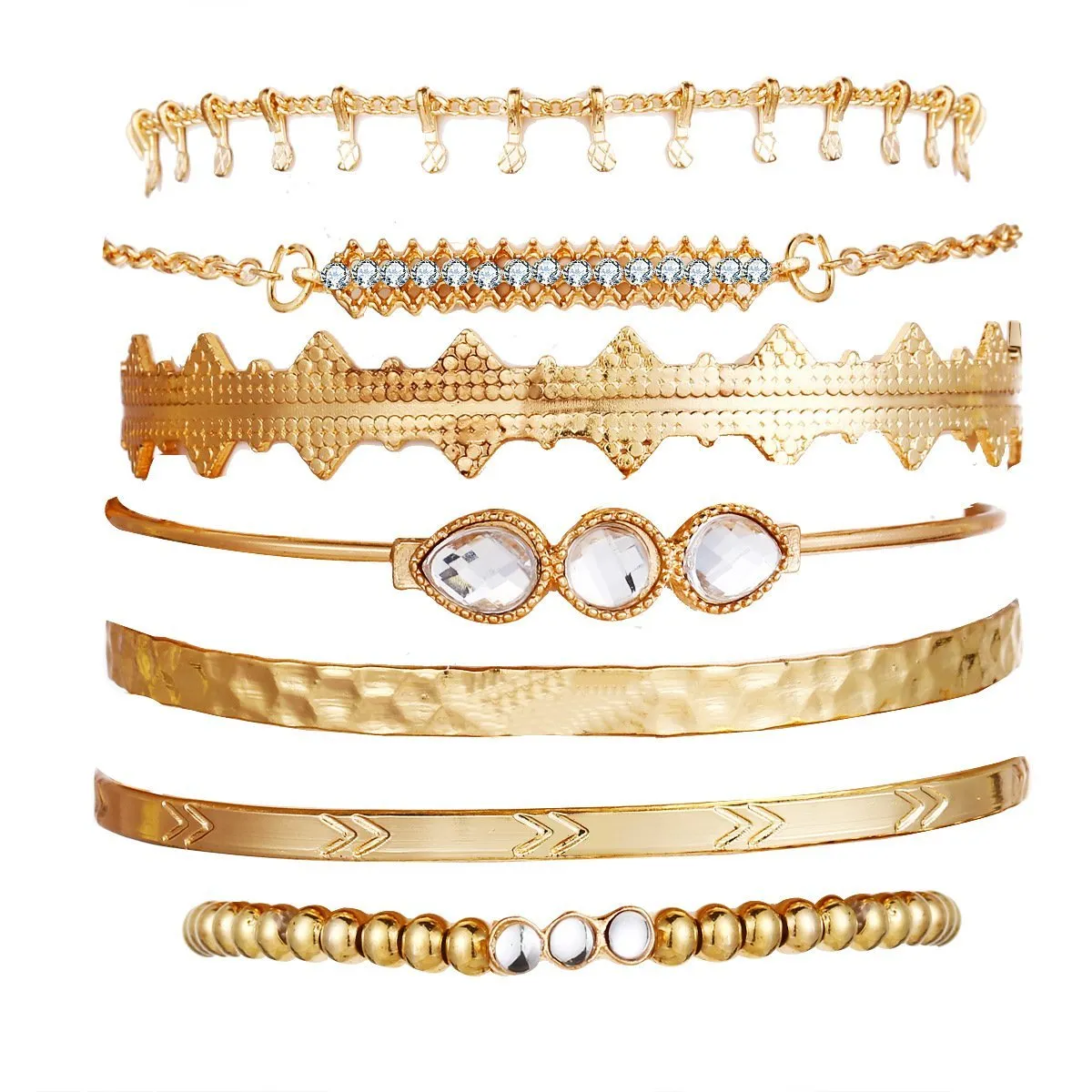 7 Piece Geometric Bangle Set With Austrian Crystals 18K Gold Plated Bracelet