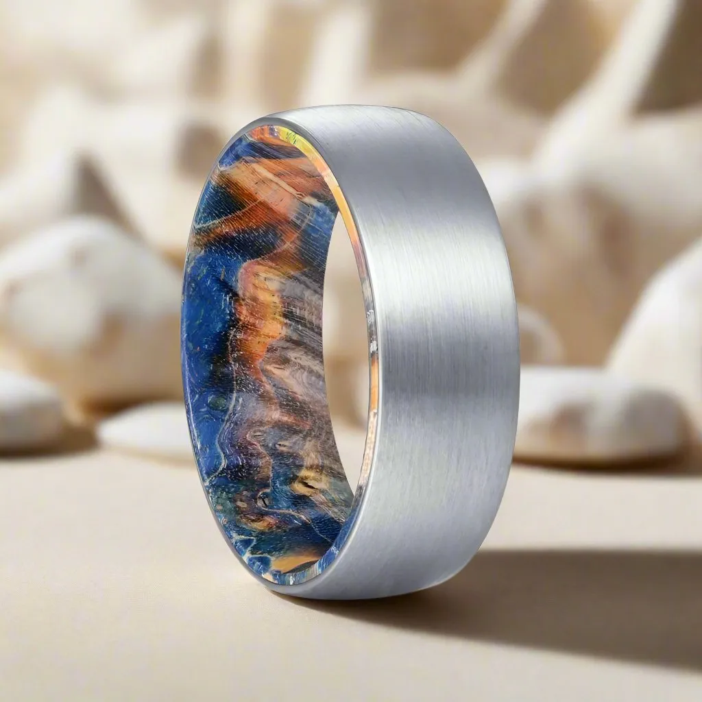 ACE | Blue & Yellow/Orange Wood, Silver Tungsten Ring, Brushed, Domed