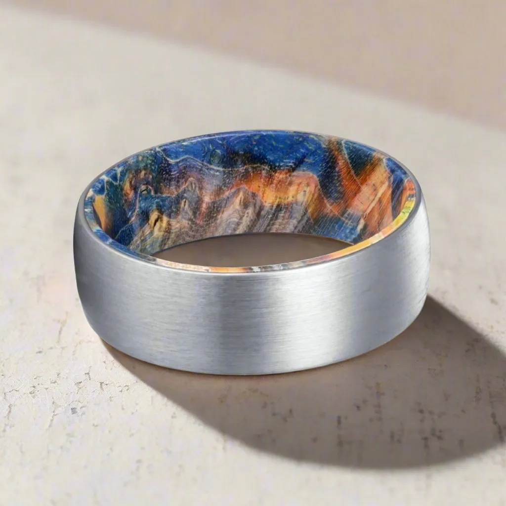 ACE | Blue & Yellow/Orange Wood, Silver Tungsten Ring, Brushed, Domed