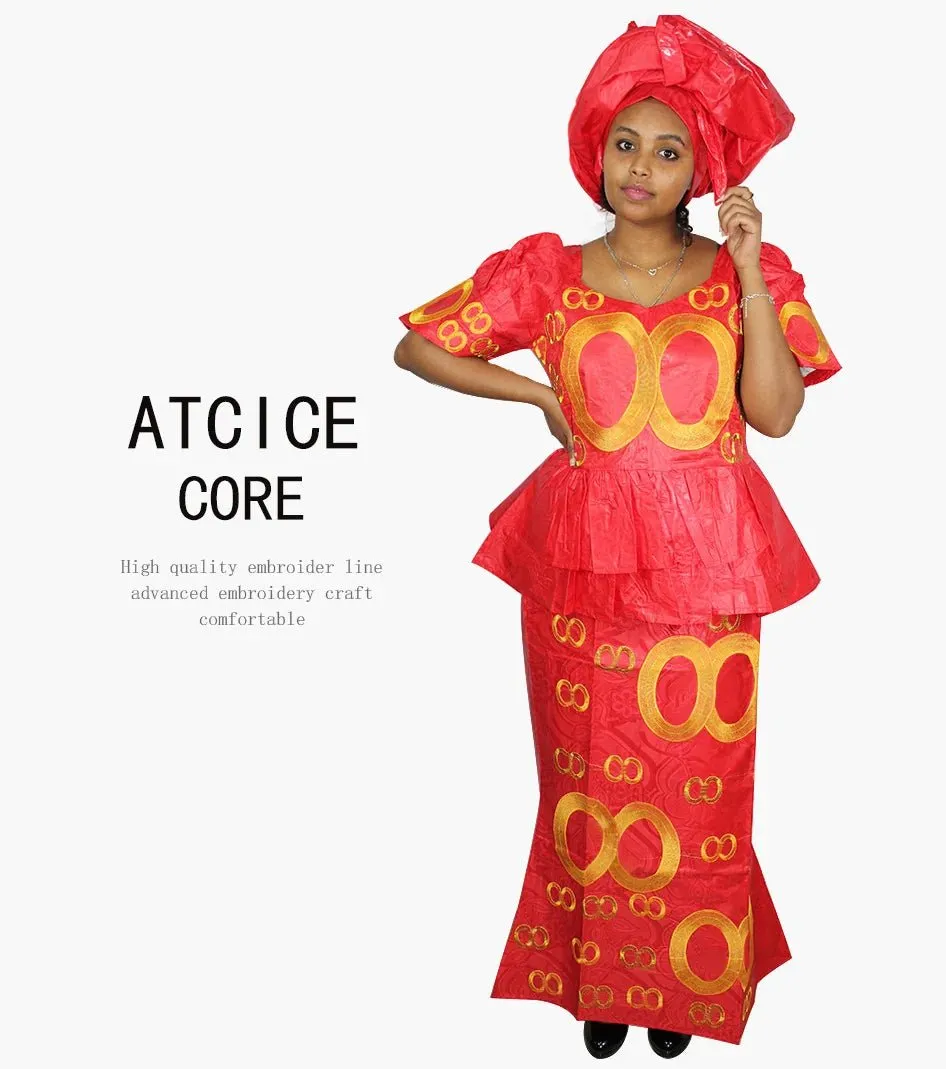 African Dress For Women Bazin Riche Embroidery Design Top Wrapper With Scarf