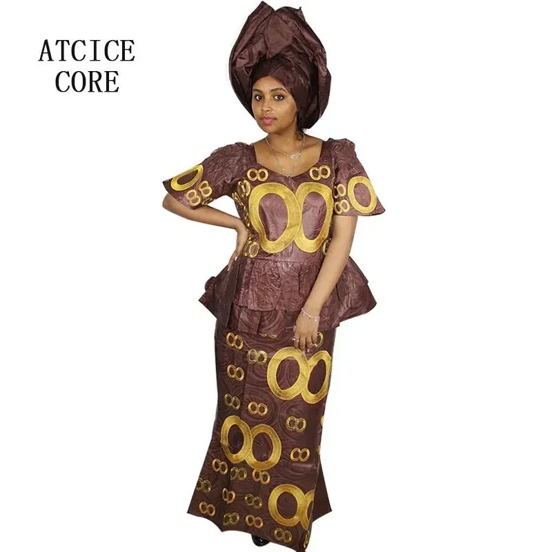 African Dress For Women Bazin Riche Embroidery Design Top Wrapper With Scarf