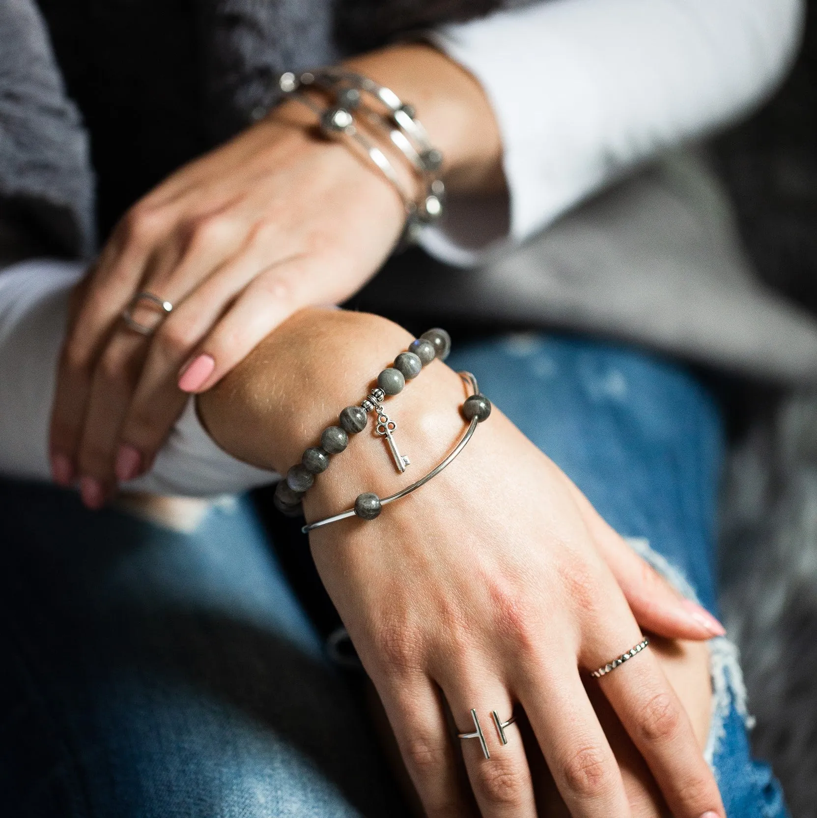 Anchor | Stone Beaded Charm Bracelet | Amethyst