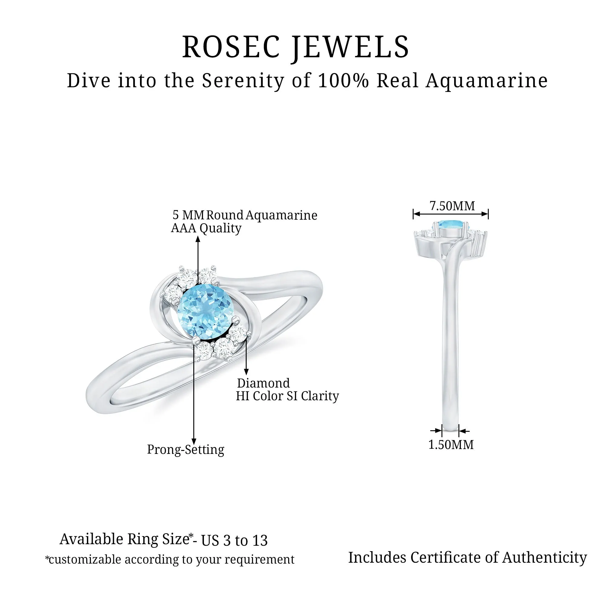 Aquamarine and Diamond Bypass Promise Ring