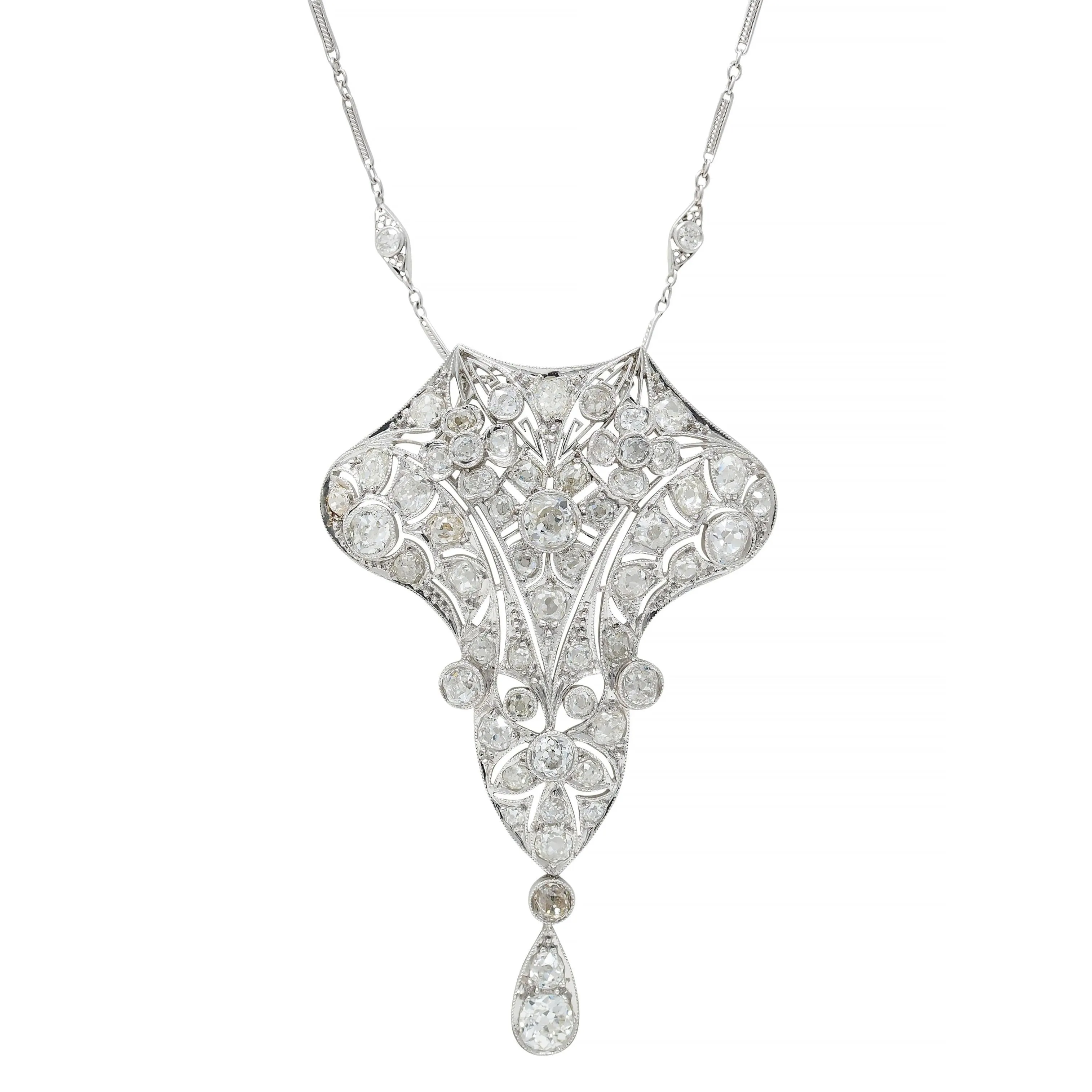 Art Deco 6.40 CTW Old Mine European Cut Diamond Platinum Vintage Floral Lavalier Pendant Necklace