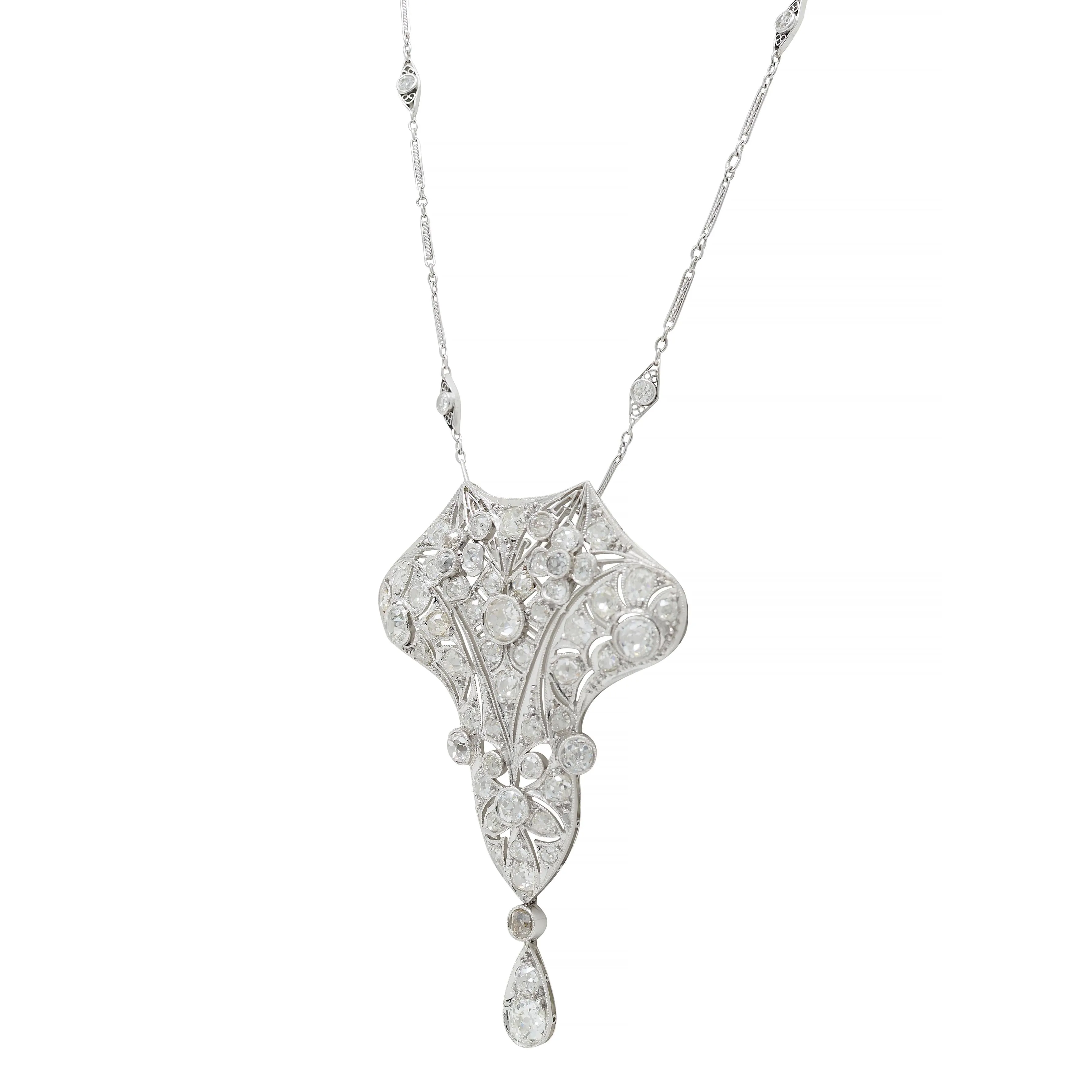 Art Deco 6.40 CTW Old Mine European Cut Diamond Platinum Vintage Floral Lavalier Pendant Necklace