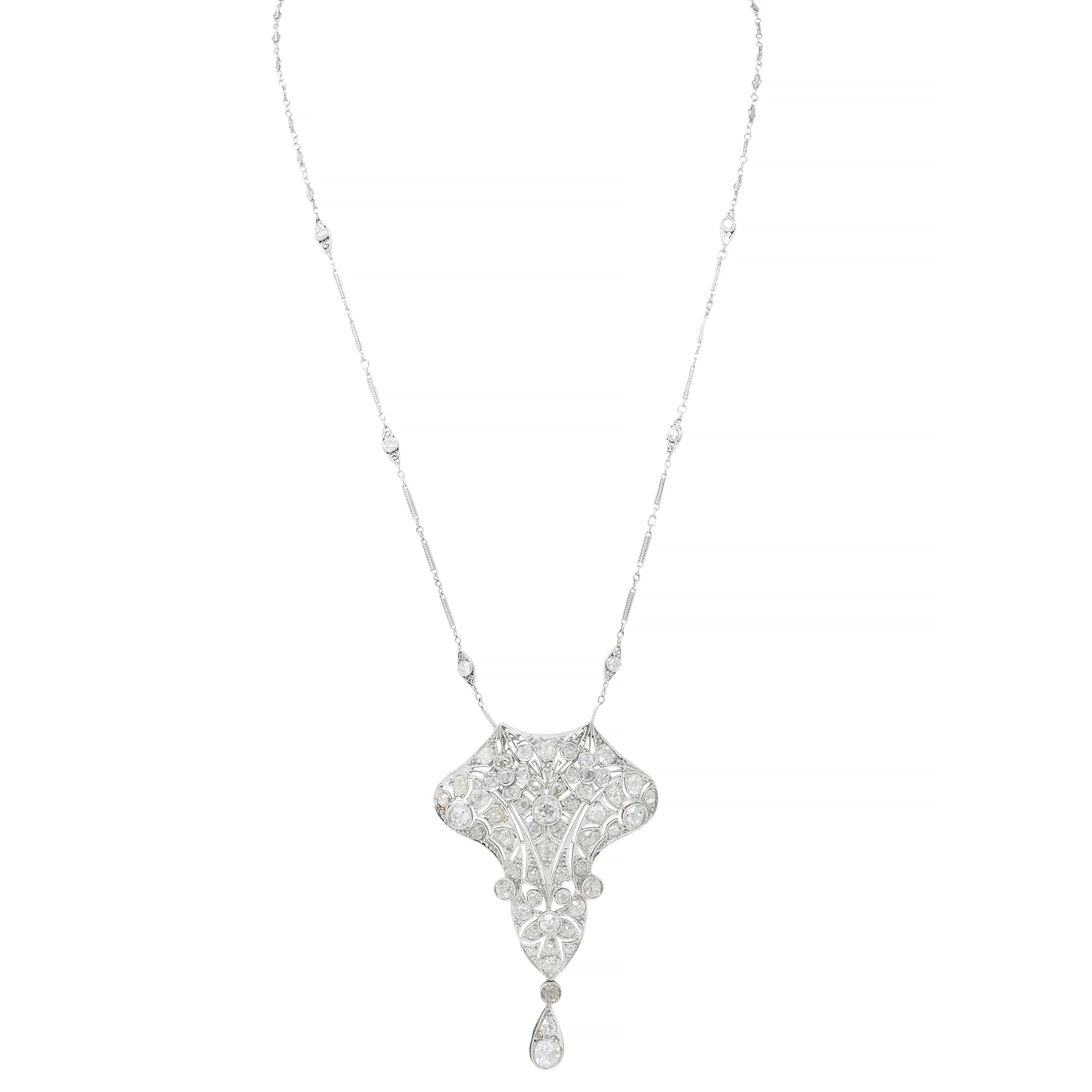 Art Deco 6.40 CTW Old Mine European Cut Diamond Platinum Vintage Floral Lavalier Pendant Necklace