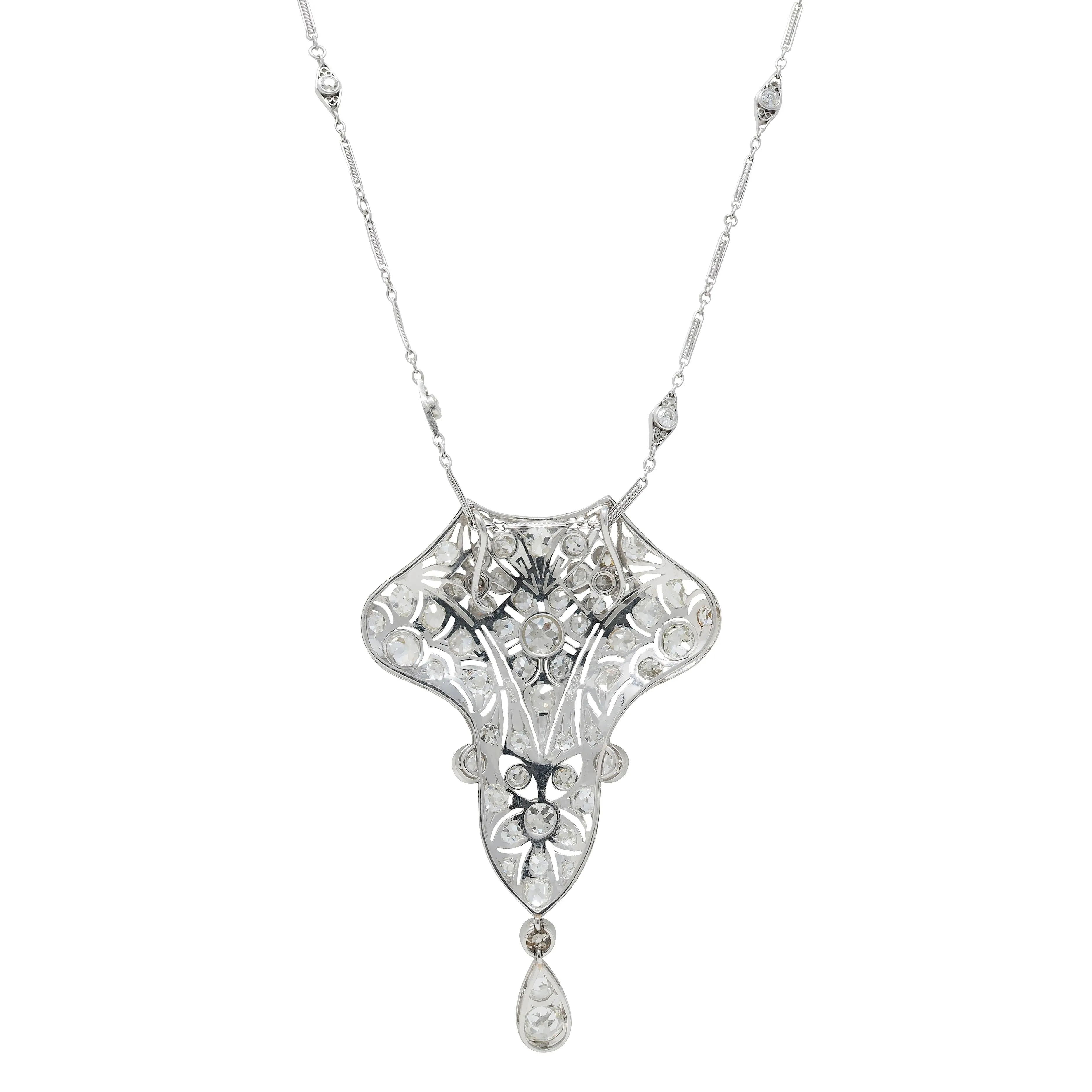 Art Deco 6.40 CTW Old Mine European Cut Diamond Platinum Vintage Floral Lavalier Pendant Necklace