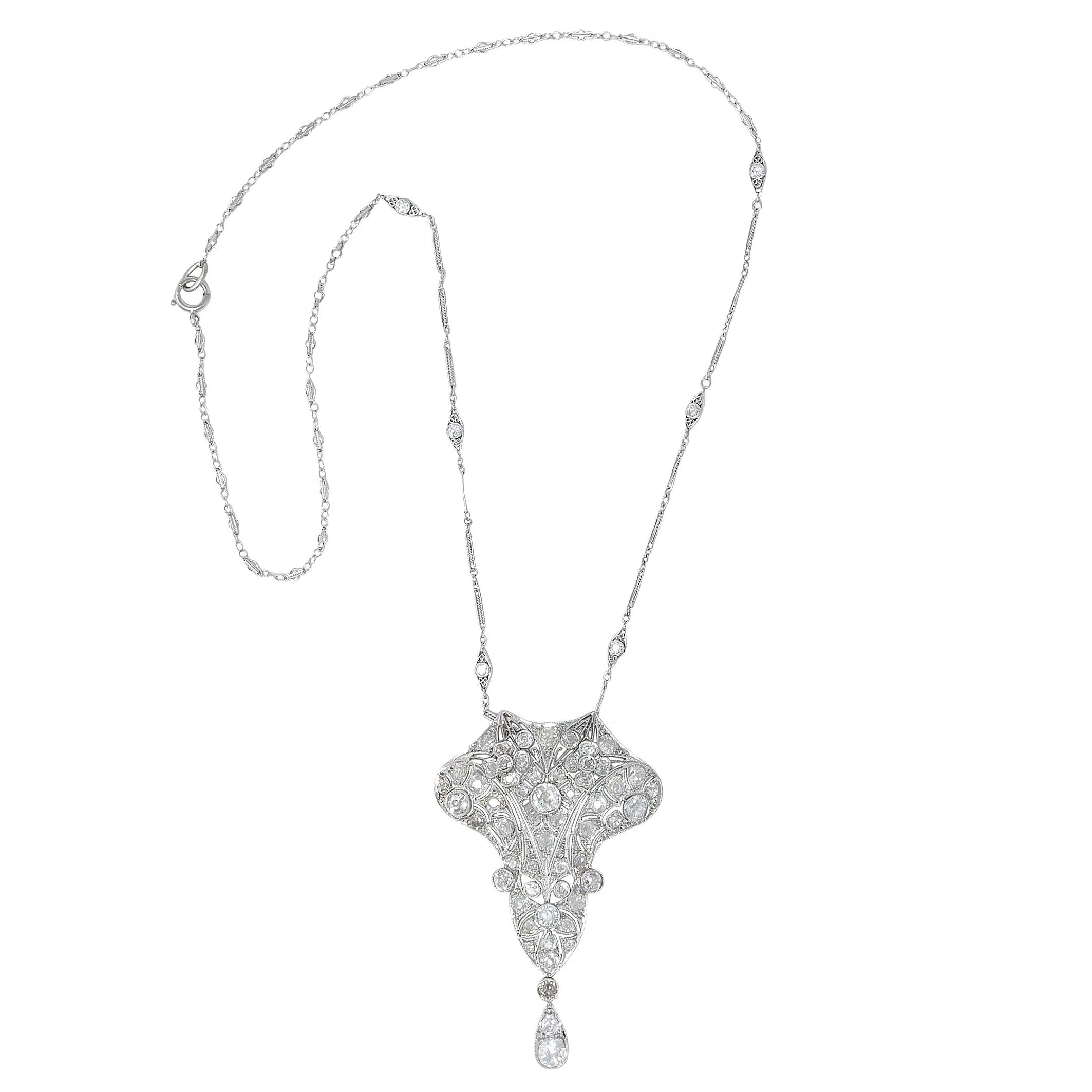 Art Deco 6.40 CTW Old Mine European Cut Diamond Platinum Vintage Floral Lavalier Pendant Necklace