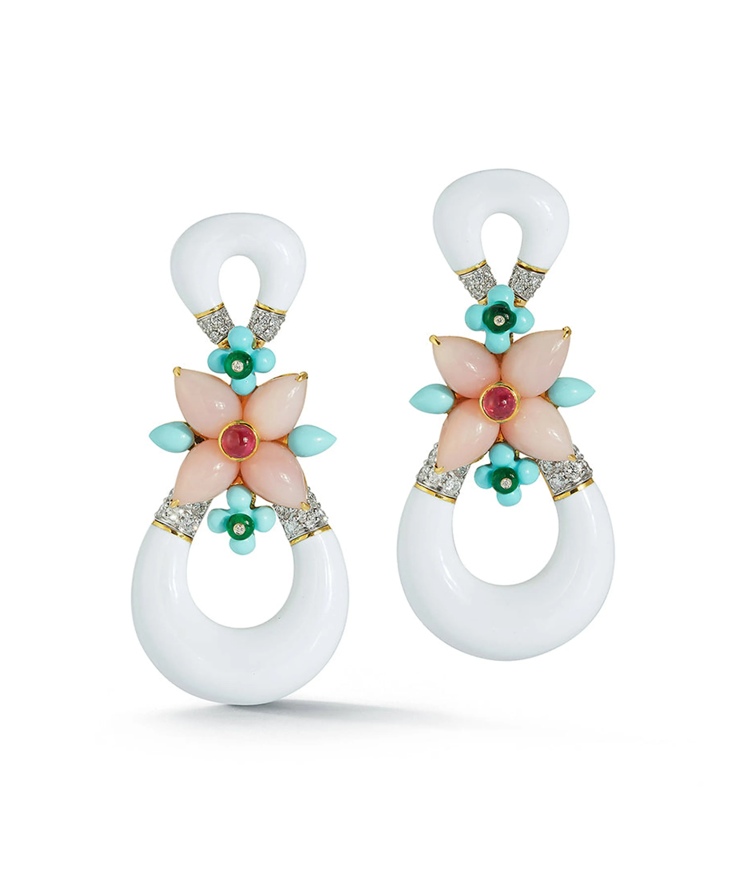 Asheville Earrings, White Enamel, Pink Opal, Diamonds