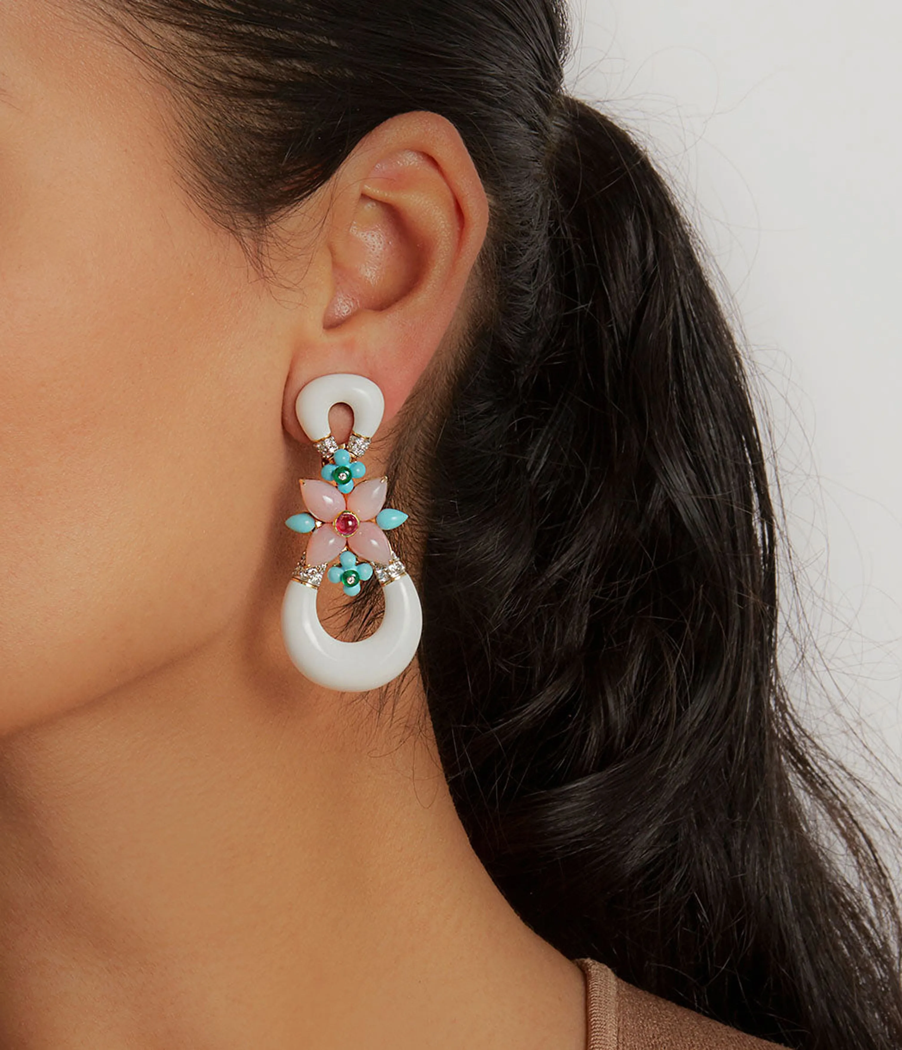 Asheville Earrings, White Enamel, Pink Opal, Diamonds